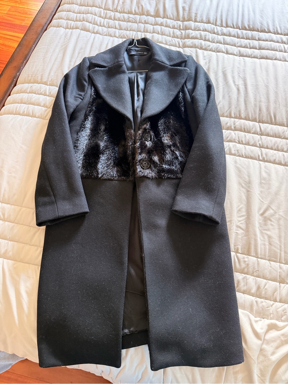 Zara Black Trench Coat with Faux Fur Front Panel
